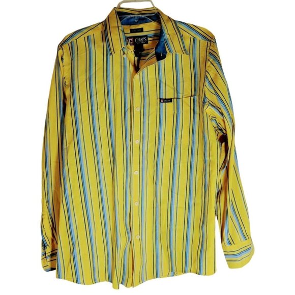 Chaps Yellow Blue Striped Button Front Dress Shirt Size Medium M - Picture 1 of 3